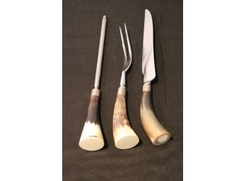 3 Piece Horn Handled Stainless Steel Carving Set With Sharpener Rod