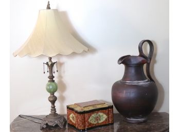 Ornate Metal Table Lamp With Green Stone, Hand Painted Box & Large Ceramic Pitcher