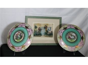 Antique Style Hand Crafted Porcelain Dishes & The Cottage England Framed Lithograph Print