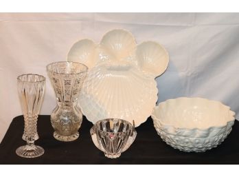 Orrefors Crystal Bowl, Cut Crystal Vases & White Ceramic Serving Pieces