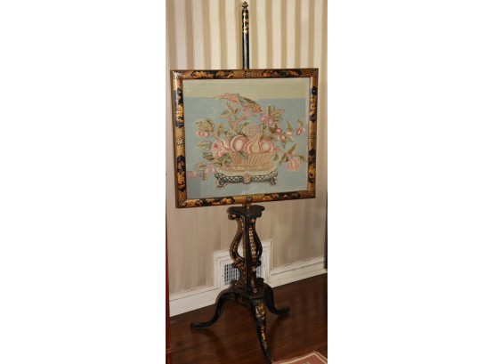 Antique Black & Gold Asian Chinoiserie Gallery Art Stand With Petit Point Framed Art