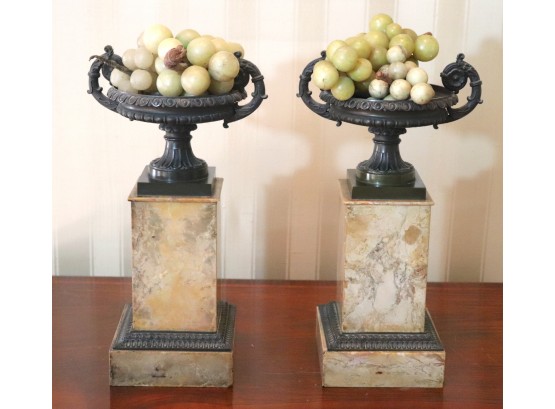 Antique Marble & Heavy Bronzed Brass Pedestal Urns