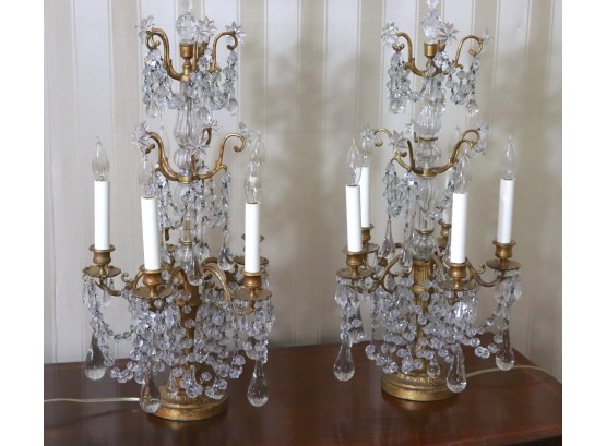 Pair Of Antique 5 Arm Crystal Candelabras