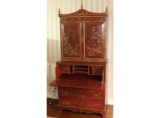 Vintage Asian Chinoiserie Red Lacquer & Gold Secretary Desk Hutch