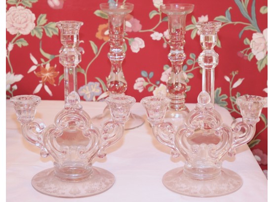 Antique Assorted Crystal Candlesticks By Val Saint Lambert & Others