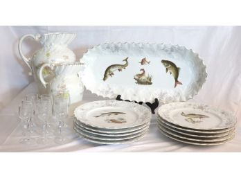 Vintage Hand Painted Scalloped Edge Porcelain Dishes & Etched Crystal Cordial Glasses