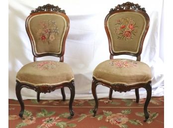 Pair Of Antique Victorian Style Chairs Intricately Hand Carved With Hand Embroidered Needlepoint Upholstery