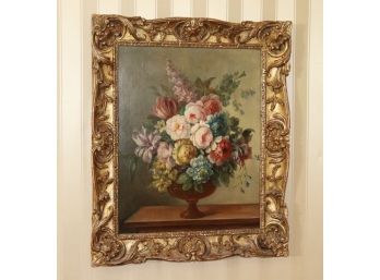 Vintage Gilded Bartolozzi Maioli Carved Frame With Floral Arrangement Oil On Canvas