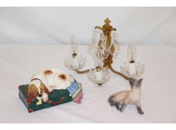 3 Piece Lot Includes Porcelain Made For Tiffany Dog On Suitcase, Royal Copenhagen Siamese Cat And 3 Arm Baccar