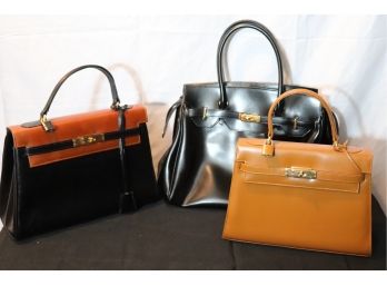3 Hand Crafted Herme's Style Leather Handbags, Made In Italy