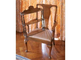 Vintage Queen Anne Style Arm Chair With Vintage Inlay Wood & Metal Detail Trinket Shelf