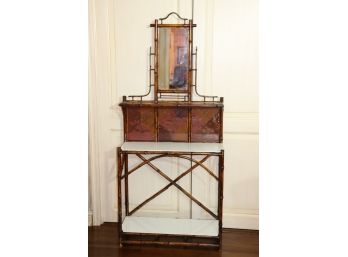 Vintage Bamboo Mirrored Hand Painted Entry Hall Console