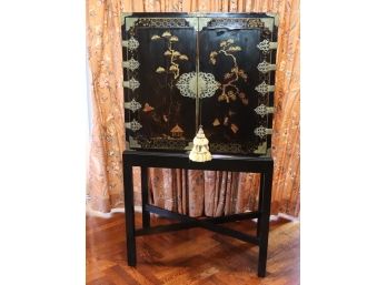Antique Hand Crafted Asian Chinoiserie Black Lacquered Chest With Brass Engraved & Filigree Hardware
