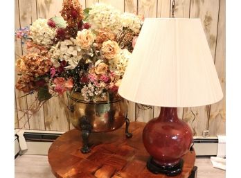 Vintage Oxblood Porcelain Lamp With Silk String Shade & Large Floral Arrangement