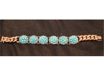 Vintage 18KT Gold Chunky Chain Bracelet With Turquoise Beaded Discs