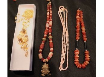 Vintage Assorted Beaded Coral & Mother Of Pearl Necklaces