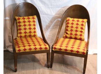 Pair Of Vintage Mid Century Crocheted Upholstered Occasional Chairs With Throw Pillow