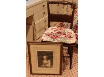 Antique Rush Seat Wood Chair With Antique Framed Print (1913)