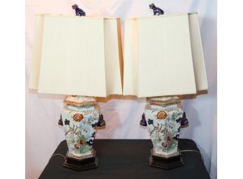 Pair Of Vintage Japanese Porcelain Lamps With Porcelain Foo Dog Finials