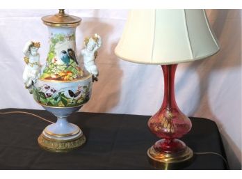 Vintage Lamps - Hand Painted Porcelain & Metallic Embellished Cranberry Glass