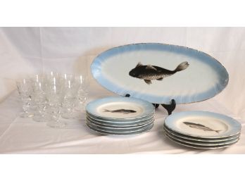Vintage Hand Painted Fish Porcelain Dishes & Crystal Cordial Glasses