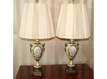 Pair Of Vintage French Style Hand Painted Porcelain Lamps With Crystal Finials