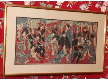 Vintage Japanese Style Framed Vibrant Rice Paper Triptych