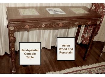Antique Intricate Asian Lacquer & Porcelain Plaque Console Table