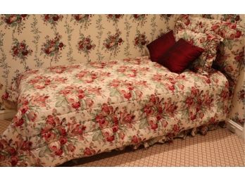 Vintage Custom Waverly Upholstered Twin Size Headboard With Matching Rose Patterned Bedding