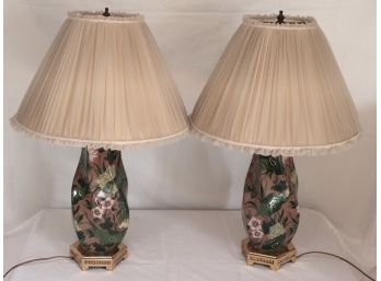 Pair Of Vintage Porcelain Floral Table Lamps With Asian Detail