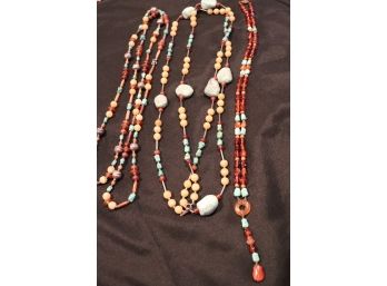3 Vintage Amber, Turquoise And Native American Pearl Necklaces