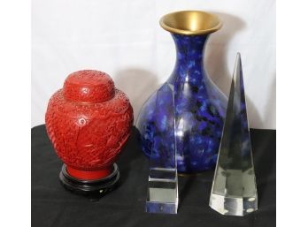 Vintage Brass & Enamel Vase, Cinnabar Ginger Jar & Crystal Obelisks