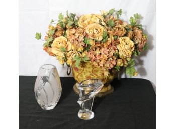 Assorted Vintage Crystal Vases And Hand Painted Porcelain Filled With Floral Arrangement