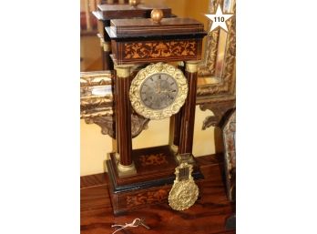 Beautiful Antique Empire Style Column Mantle Clock With Inlaid Wood Detail Pendulum & Key