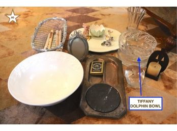 13 Piece Decorative Items, Tiffany Dolphin Bowl, Easter Bunny Tray, Vases, Bowls, Bread Basket And More