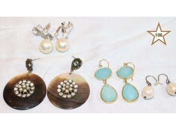 Lot Of 4 Pairs Of Earrings, Pearl/Rhinestone, Pearl, Abalone, Blue Tear Drops