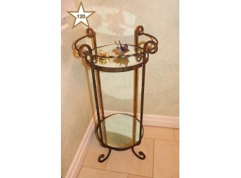 Metal Stand With 2 Mirrored Shelves, Enamel Frog Box & Daum Dish