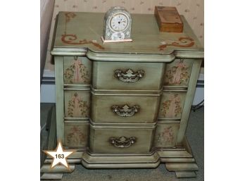 2 Green Stenciled Nightstands + Wedgwood Porcelain Clock And Small Wood Box