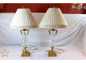 Pair Of Waterford Crystal & Brass Lamps With Shades