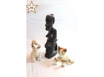 African Wood Statue, Cat And 2 Kittens, Ceranice Poodle