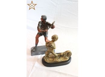Brass Girl On Wood Platform With Dog Tugging At Her Heels And Resin Tennis Player