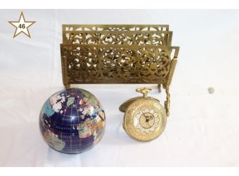 Schwab Swiss Made Travel Clock, World Globe With Semi Precious Stones & Brass Letter Holder