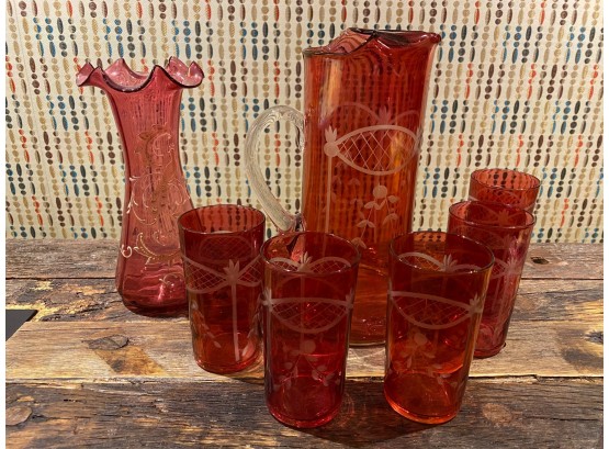 7 Pc Antique Cranberry Glass Set
