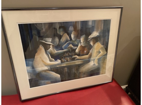 Large Watercolor Painting Of Chess Game By Howard Kallen