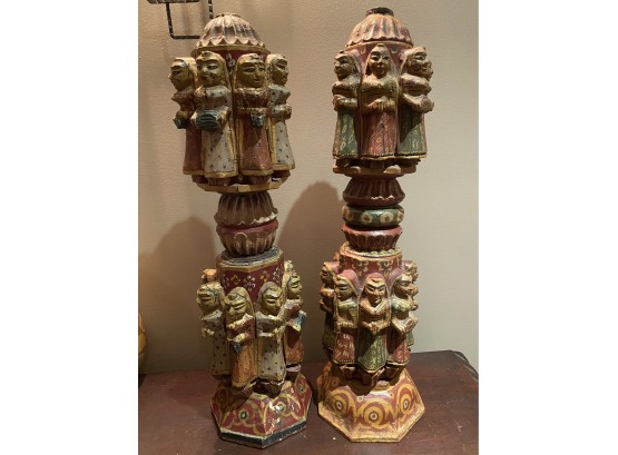 Pair Of Folk-art Statues: Solid Wood Hand-carved And Hand-painted