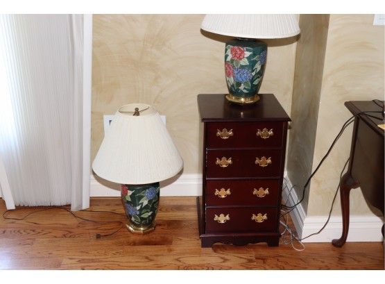Pair Of Floral Motif Porcelain Lamps And Small Wood File Cabinet