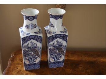 Japanese Peacock Vases. Pair Of Blue White And Gold Tall Japanese Vases