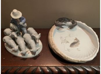 Unique! Royal Copenhagen And W Germany. Herder And Shell Bowl With Fish Center And Crab Hanging Over Edge