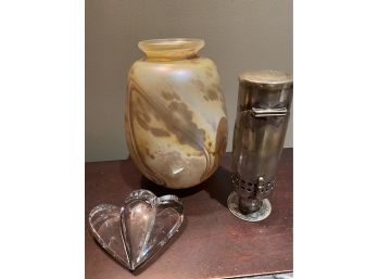 3 Piece Quality Decorative Lot Includes Hand-blown Iridescent Vase, Baccarat Paper-wt.   Unique Candle Holder