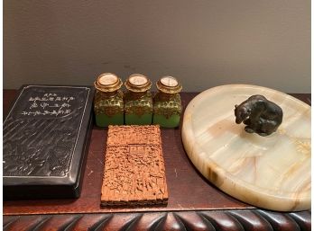 Onyx Plate With Small Bronzemetal Bear, Asian Cigarette Case, 3 Perfume Bottles
